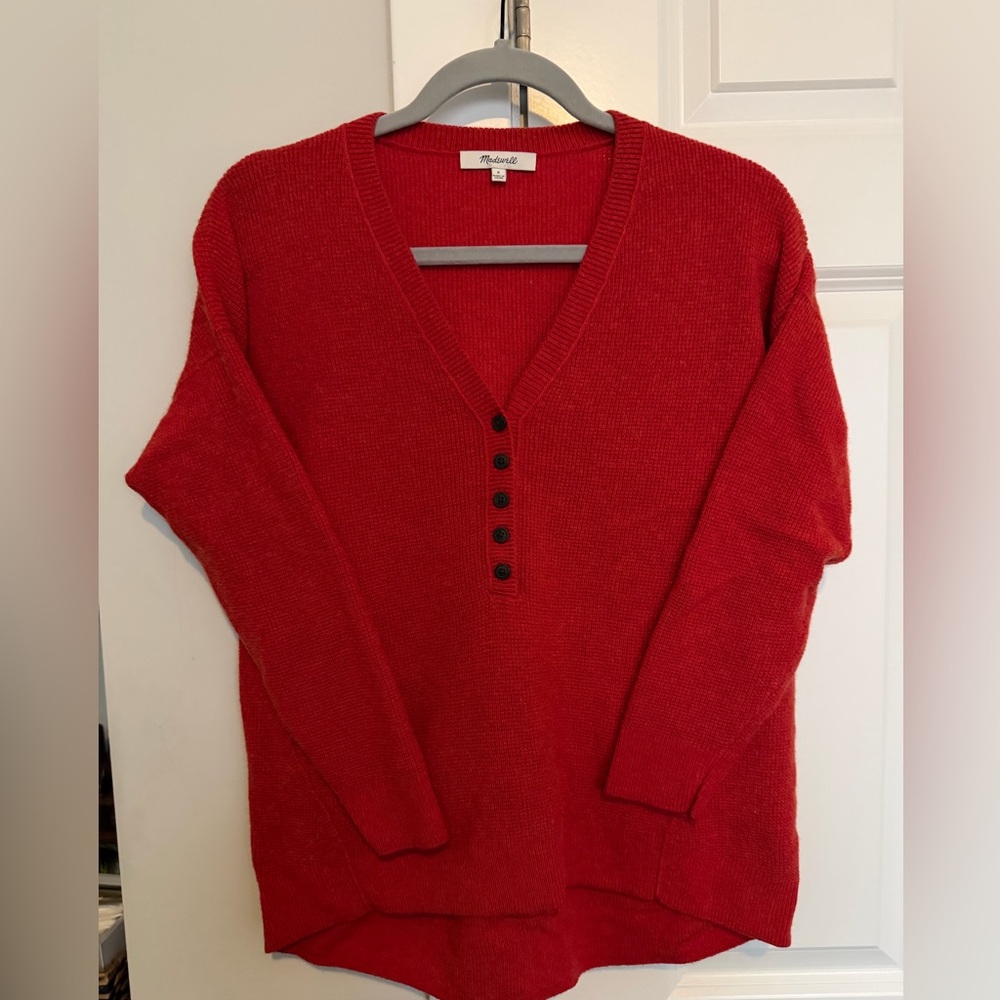 Madewell Red V-Neck Sweater with Button Detail